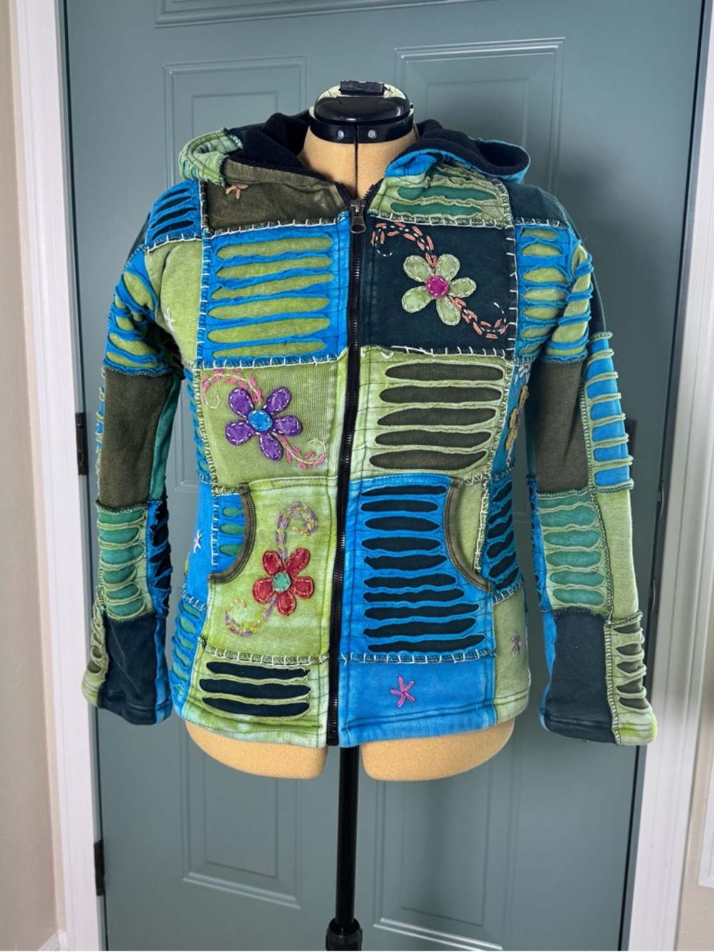 Nepal Patchwork Hoodie Jacket Boho Hippie Embroidered Festival Size L